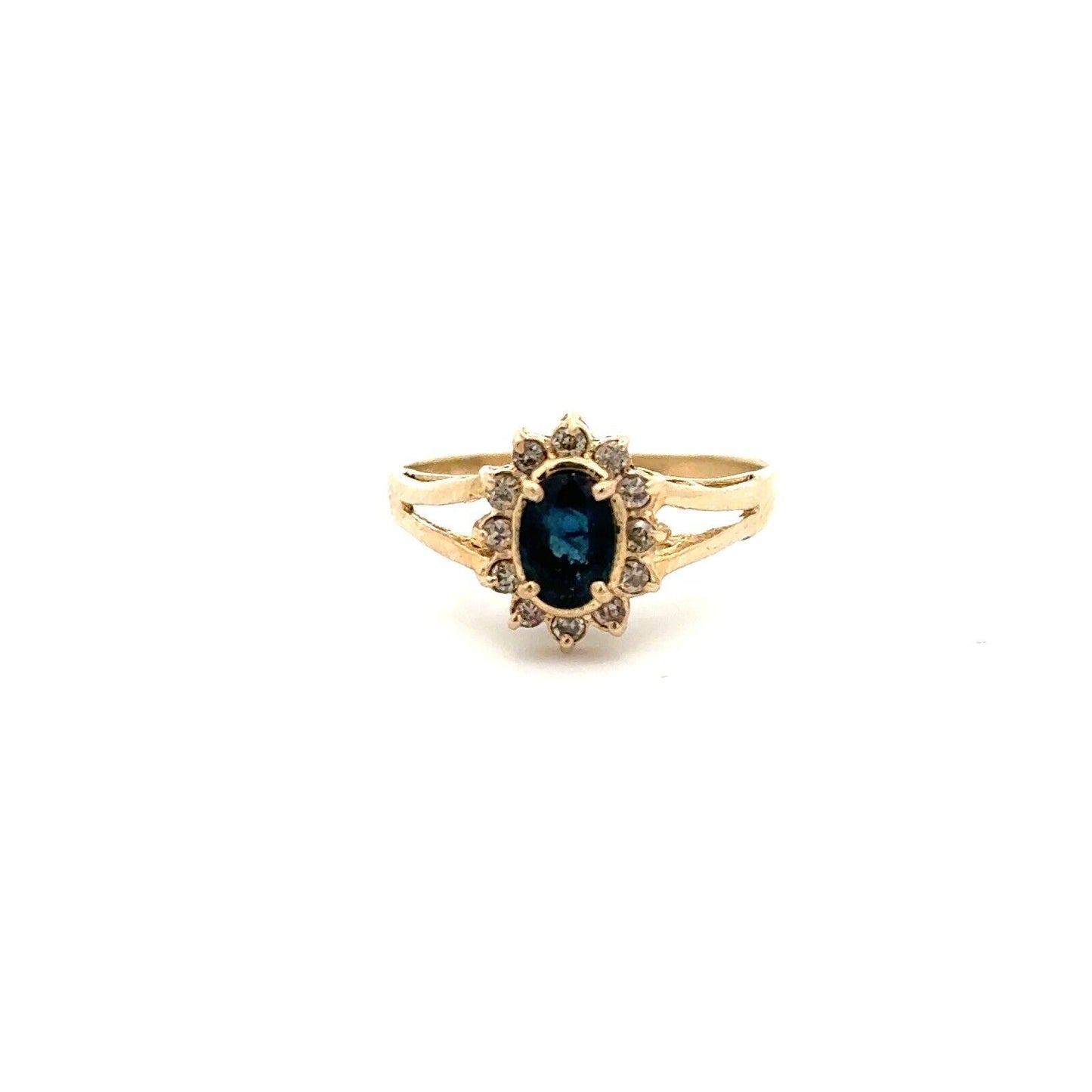 Vintage 14K Yellow Gold Oval Blue Sapphire Round Diamond Halo Anniversary  Ring