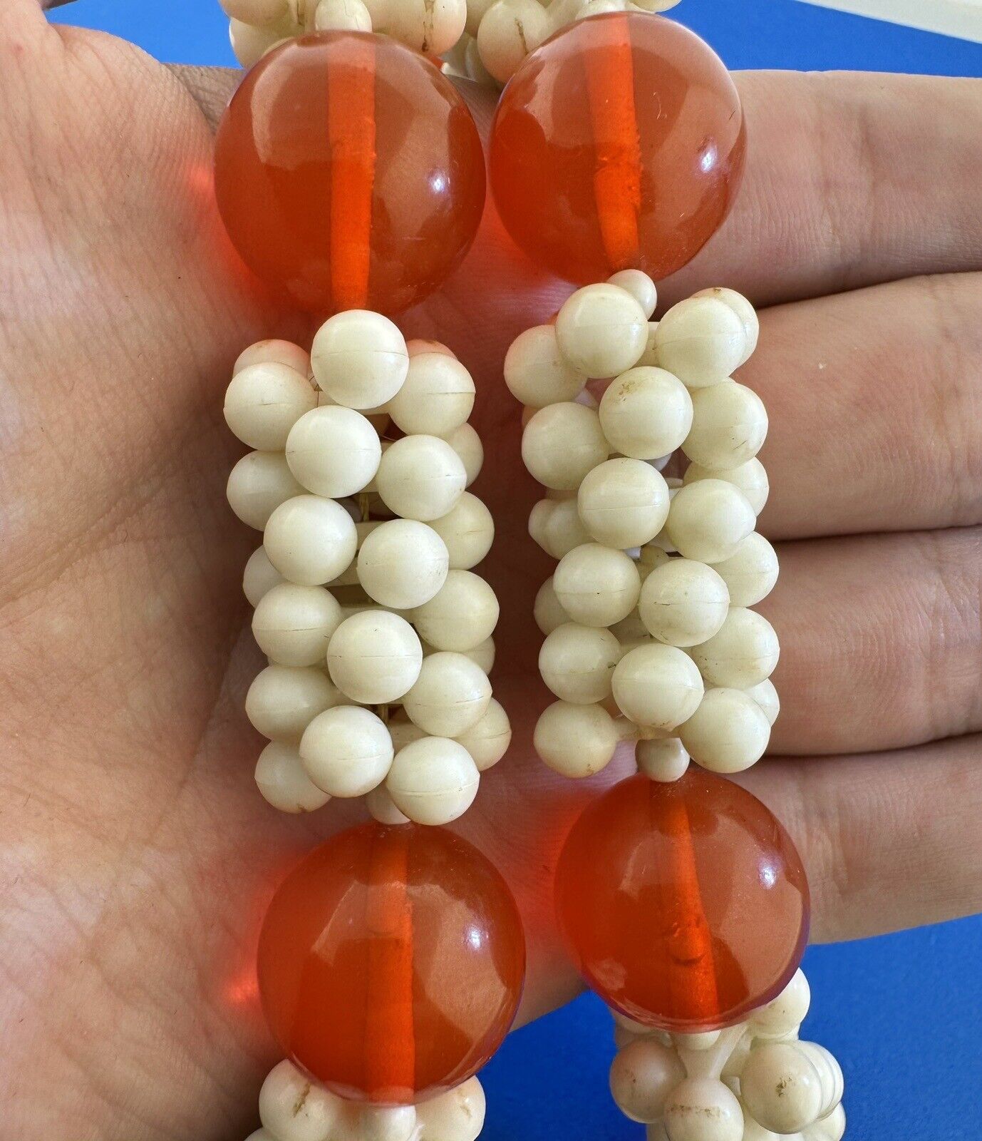 Mid Century Orange and White Lucite Popcorn Necklace Clip Earrings Statement Set