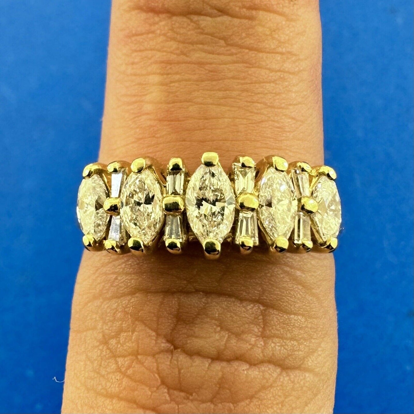 Designer 14K Yellow Gold Marquise & Baguette Diamond Anniversary Band Ring