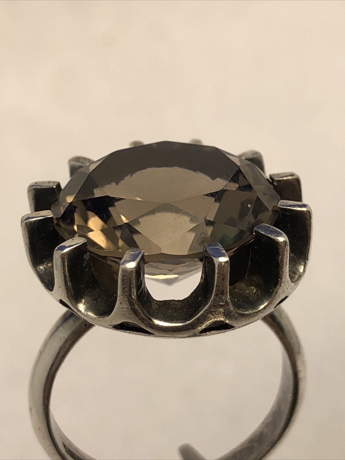 Vintage Mexico 925 Sterling Silver Round Smokey Quartz Cocktail Size 6.75 Ring