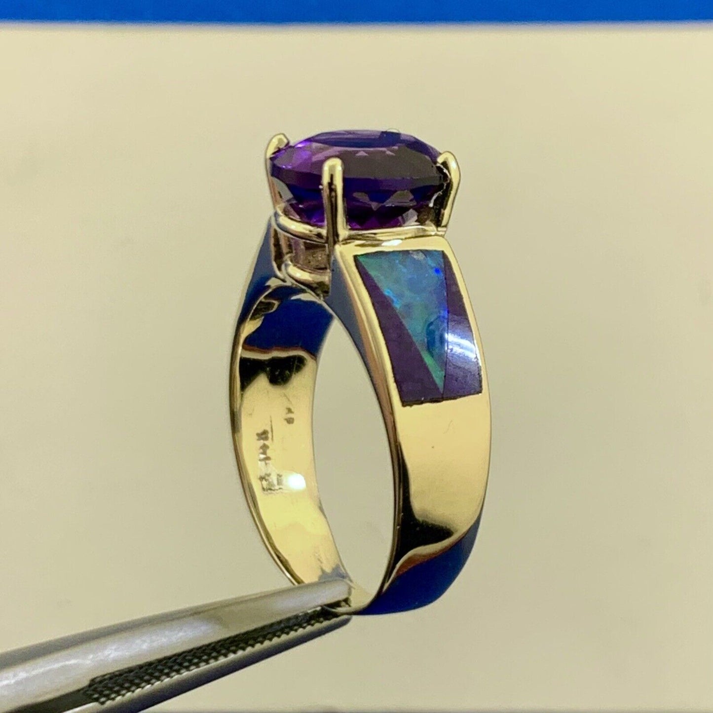 Vintage 14K Yellow Gold Oval Amethyst Opal Inlay Purple Enamel Cocktail Ring