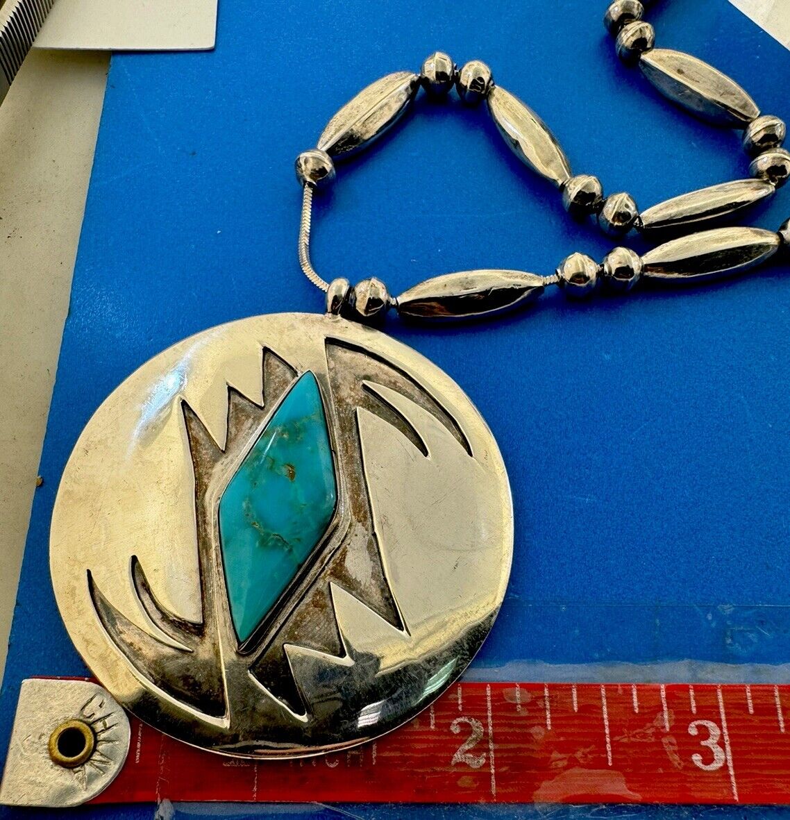 Native American Navajo 925 Sterling Silver Turquoise Hand Made Pendant Necklace