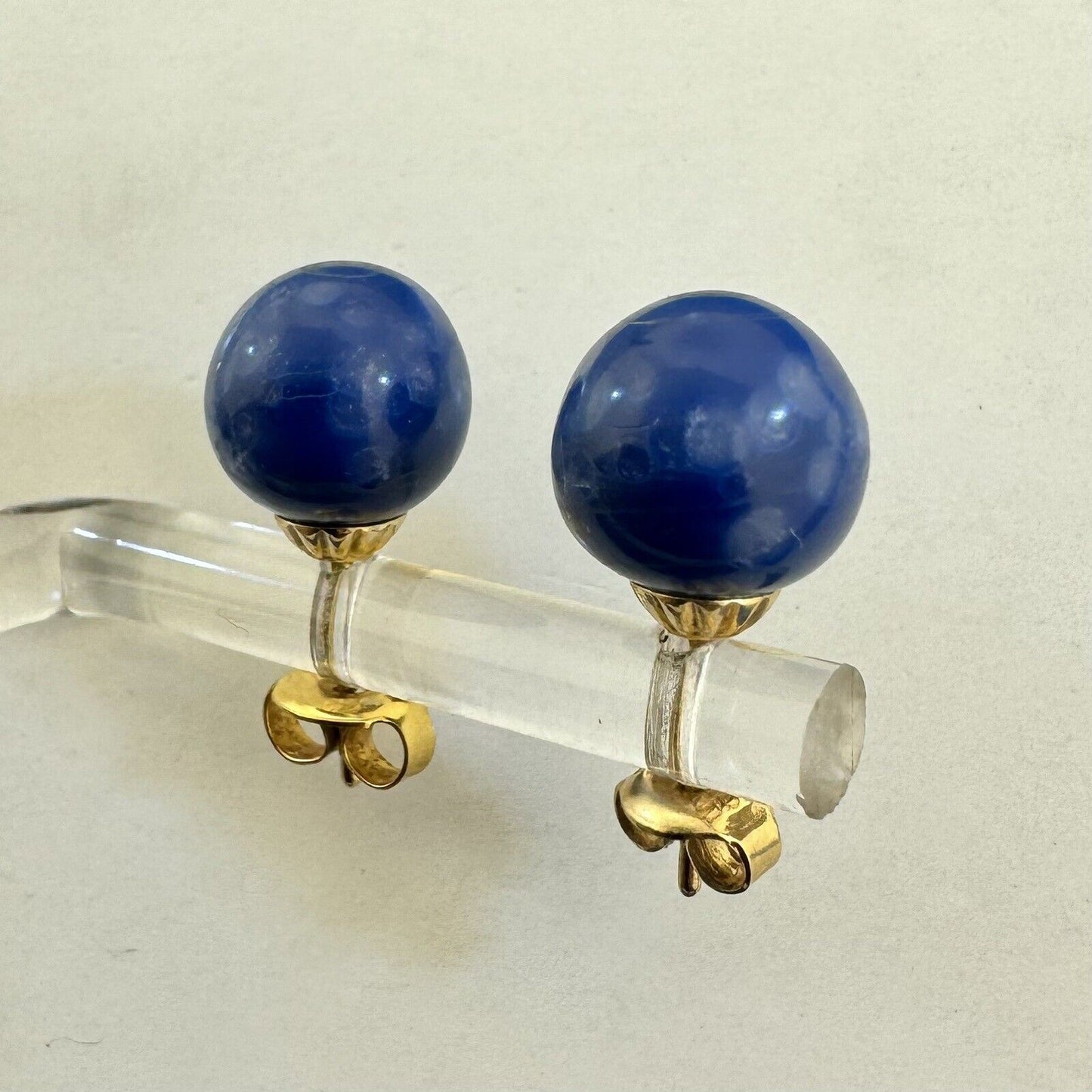 Vintage 14K Yellow Gold Blue Lapis Lazuli Round Ball Stud Earrings