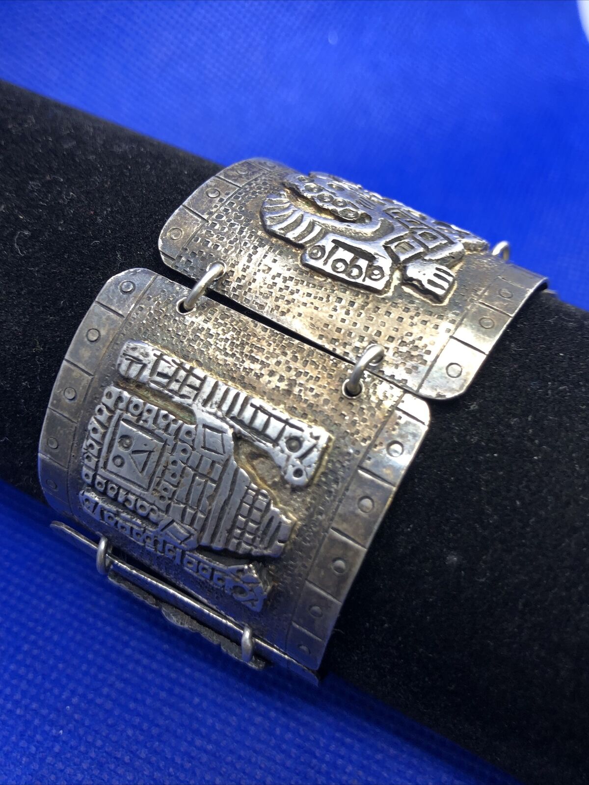 Vintage Native Peru 925 Sterling Silver Gods Statement Panel Bracelet