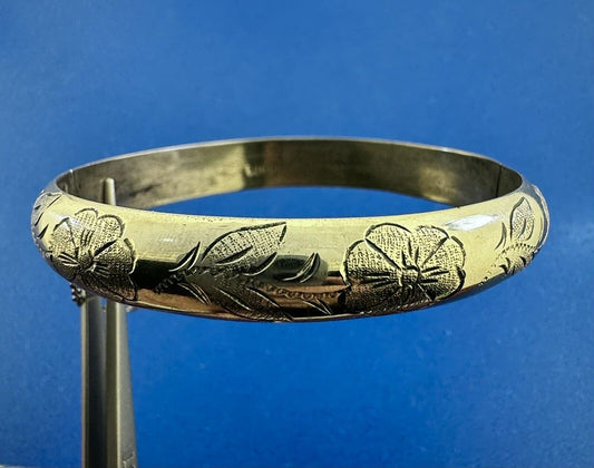 Designer 925 Sterling Silver Etched Leaves Flowers Hinged Cuff Bracelet