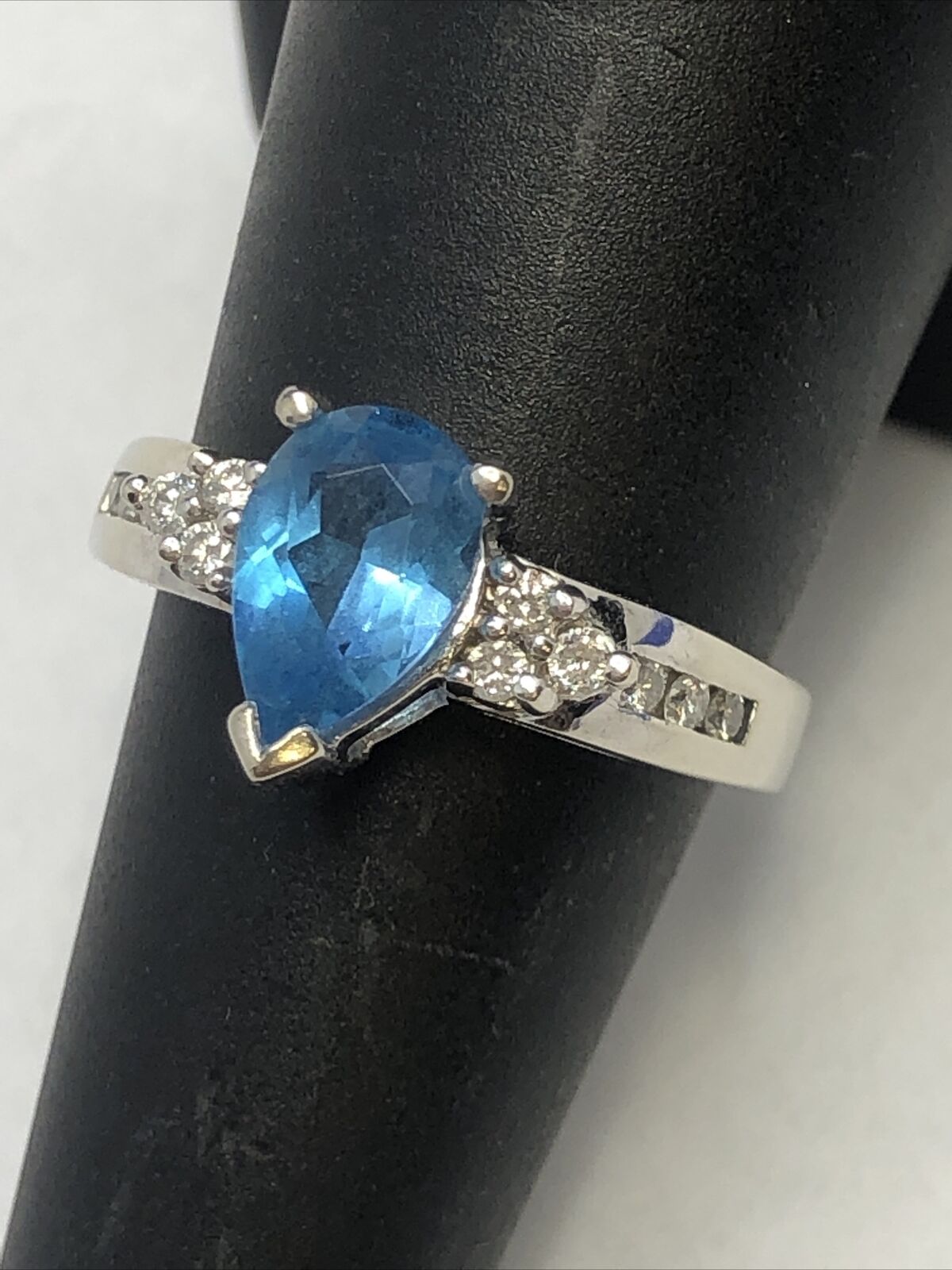 Designer 14K White Gold Pear Blue Topaz Round Diamond Engagement Size 7 Ring