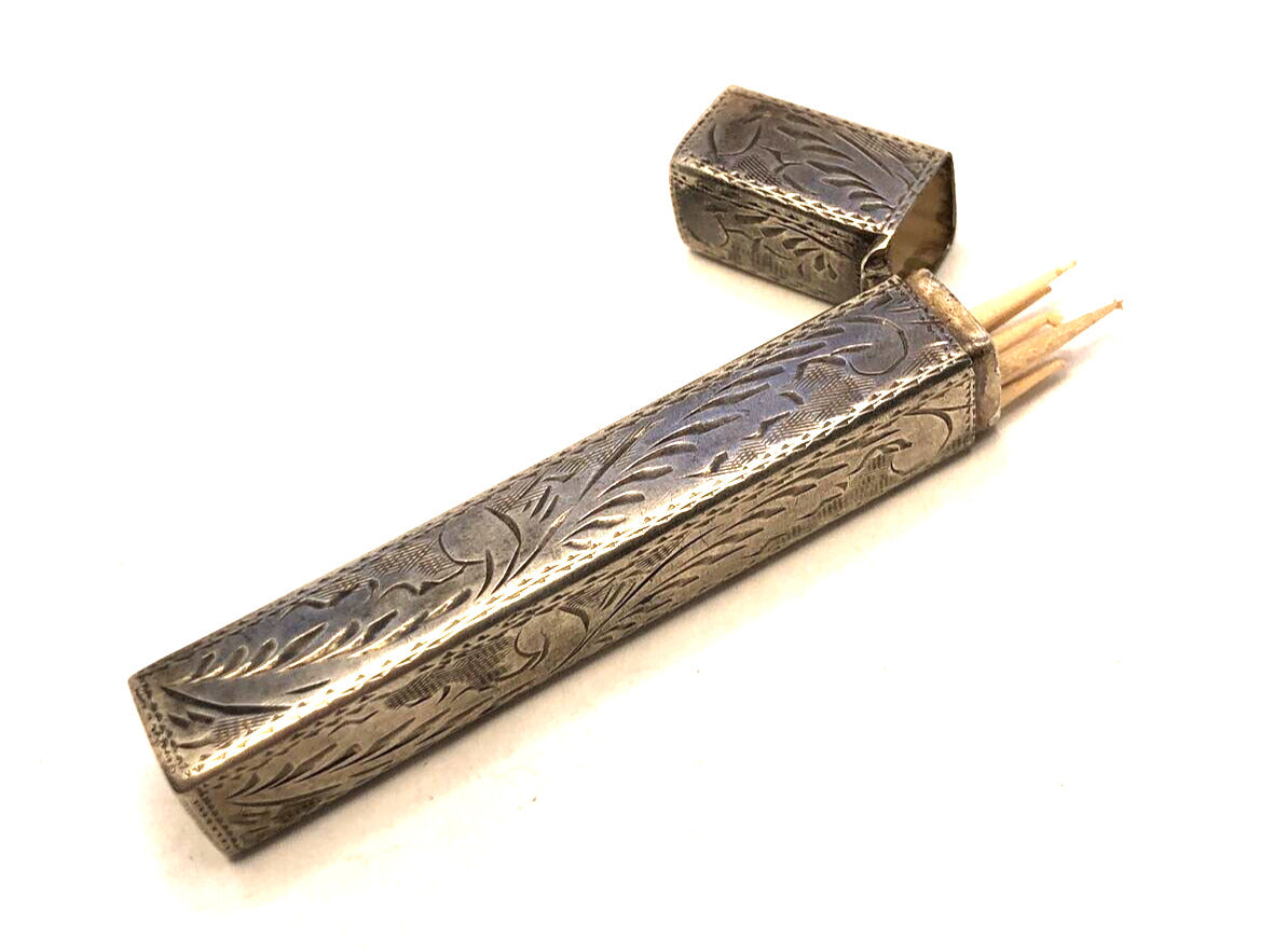 Vintage 925 Sterling Silver Scroll Vines Leaf Pill Needle Toothpick Holder Case