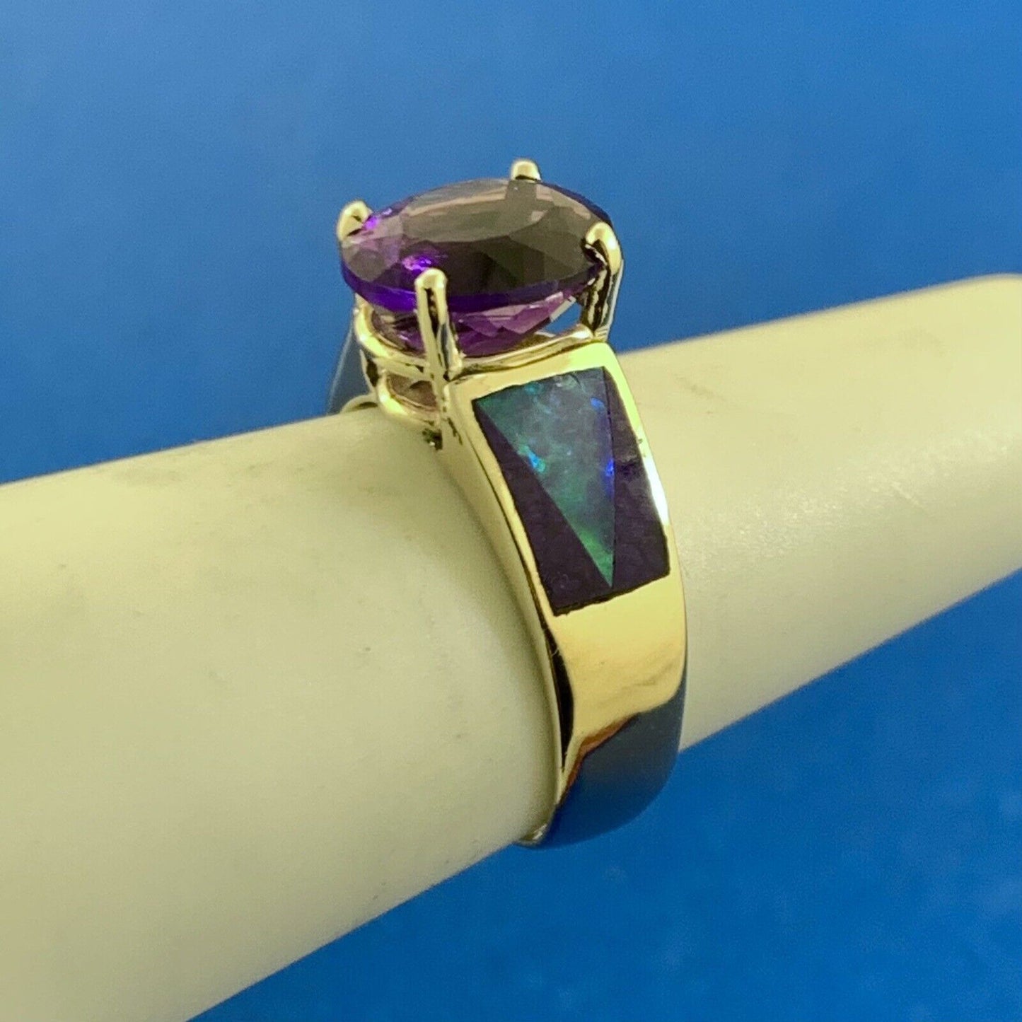 Vintage 14K Yellow Gold Oval Amethyst Opal Inlay Purple Enamel Cocktail Ring