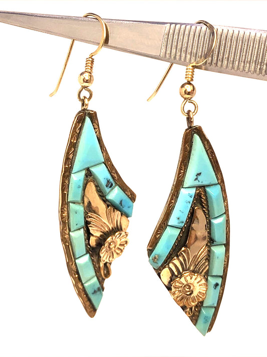 Navajo Silver Ray 925 Sterling Silver Vermeil Turquoise Drop Dangle Earrings