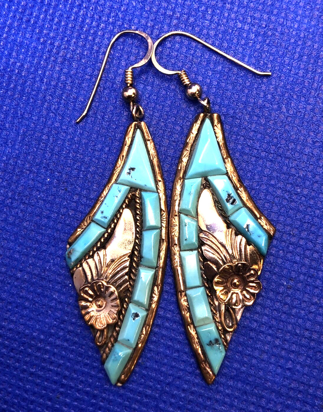 Navajo Silver Ray 925 Sterling Silver Vermeil Turquoise Drop Dangle Earrings