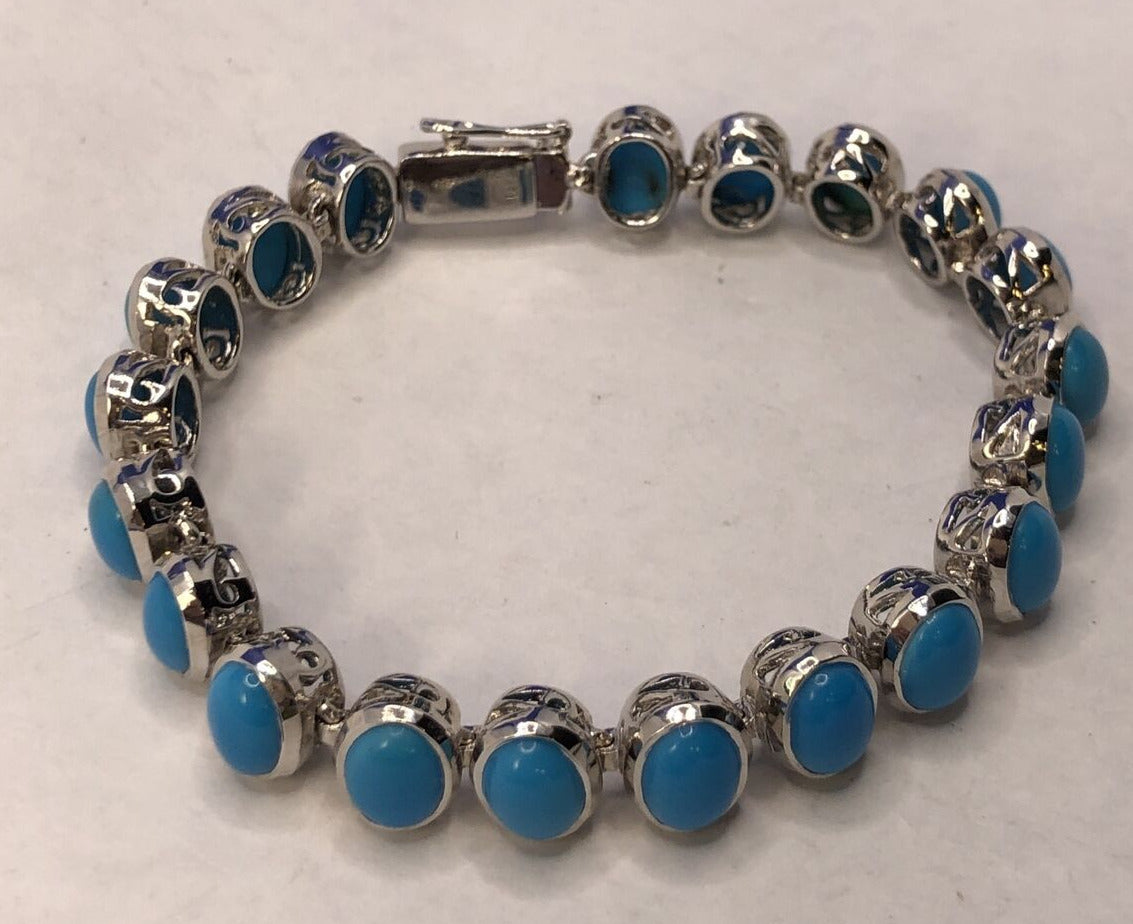 Designer 925 Sterling Silver oval Blue Turquoise 7-Inch Tennis Bracelet