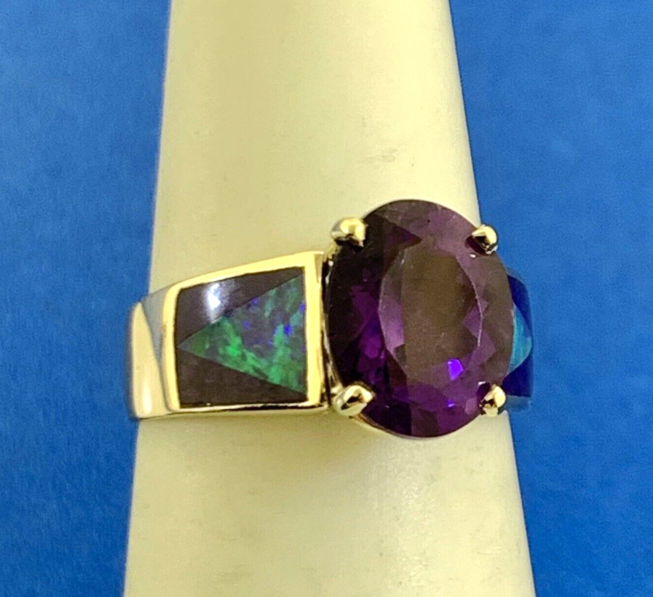 Vintage 14K Yellow Gold Oval Amethyst Opal Inlay Purple Enamel Cocktail Ring