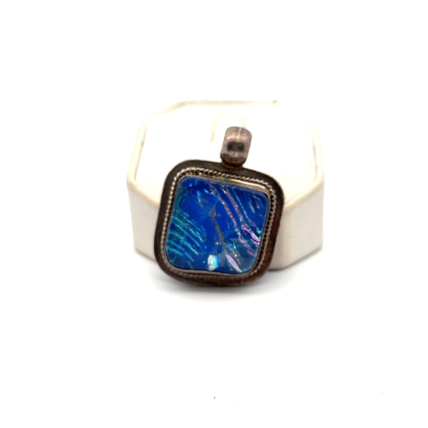 Vintage 925 Sterling Silver Square Blue Diacrylic Glass Statement Pendant