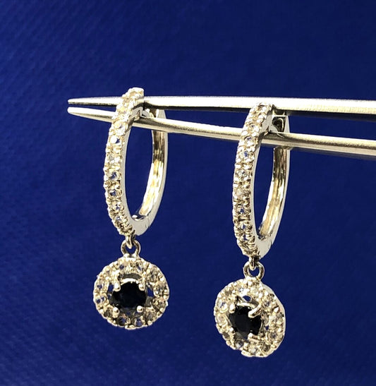 PJC 925 Sterling Silver Round Sapphire White Topaz Dangle Hinged Hoop Earrings