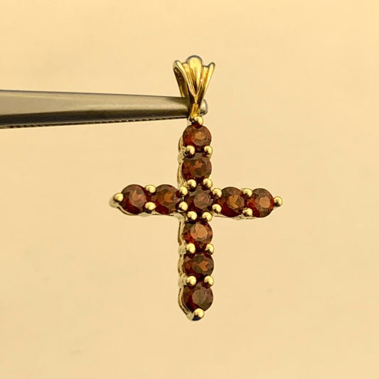 Designer HN 10K Yellow Gold Round Red Garnet Petite Cross Pendant