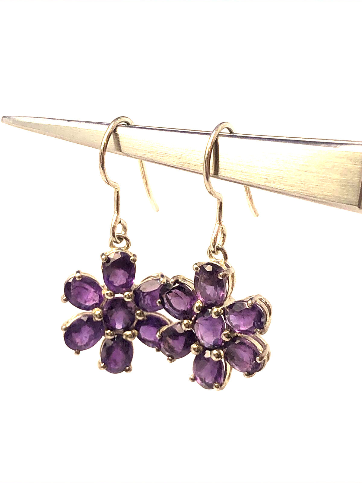 Designer TGGC 925 Sterling Silver Oval Amethyst Flower Dangle Hook Earrings