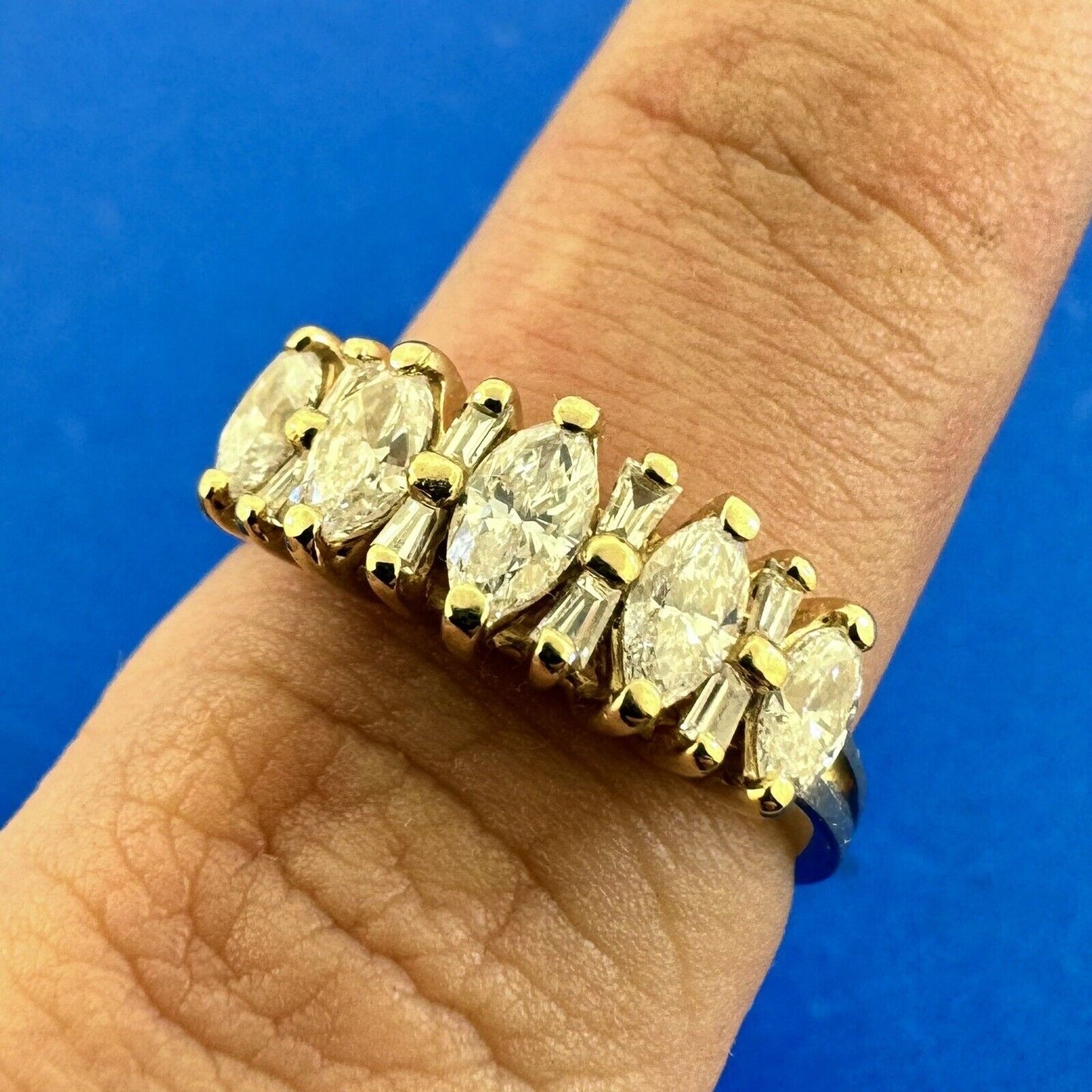 Designer 14K Yellow Gold Marquise & Baguette Diamond Anniversary Band Ring