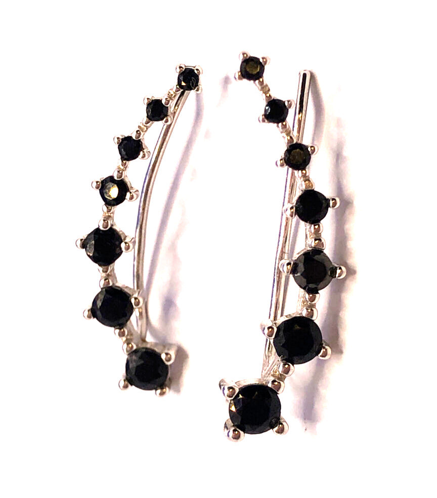 925 Sterling Silver Round Black Onyx Graduated Climber Earrings