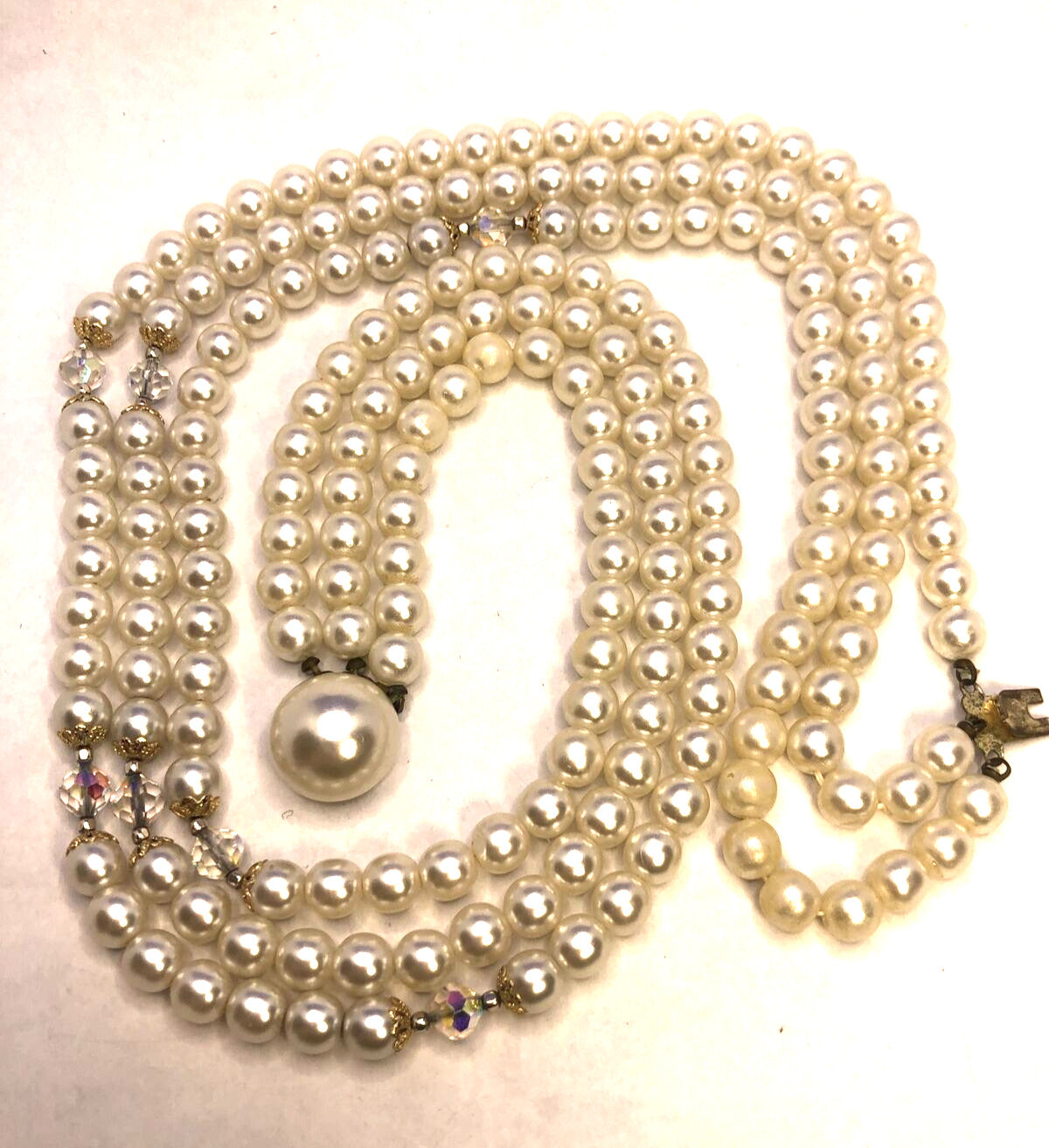 Mid Century Japan Faux Pearl & Crystal Bead 3 Strand Statement Choker Necklace