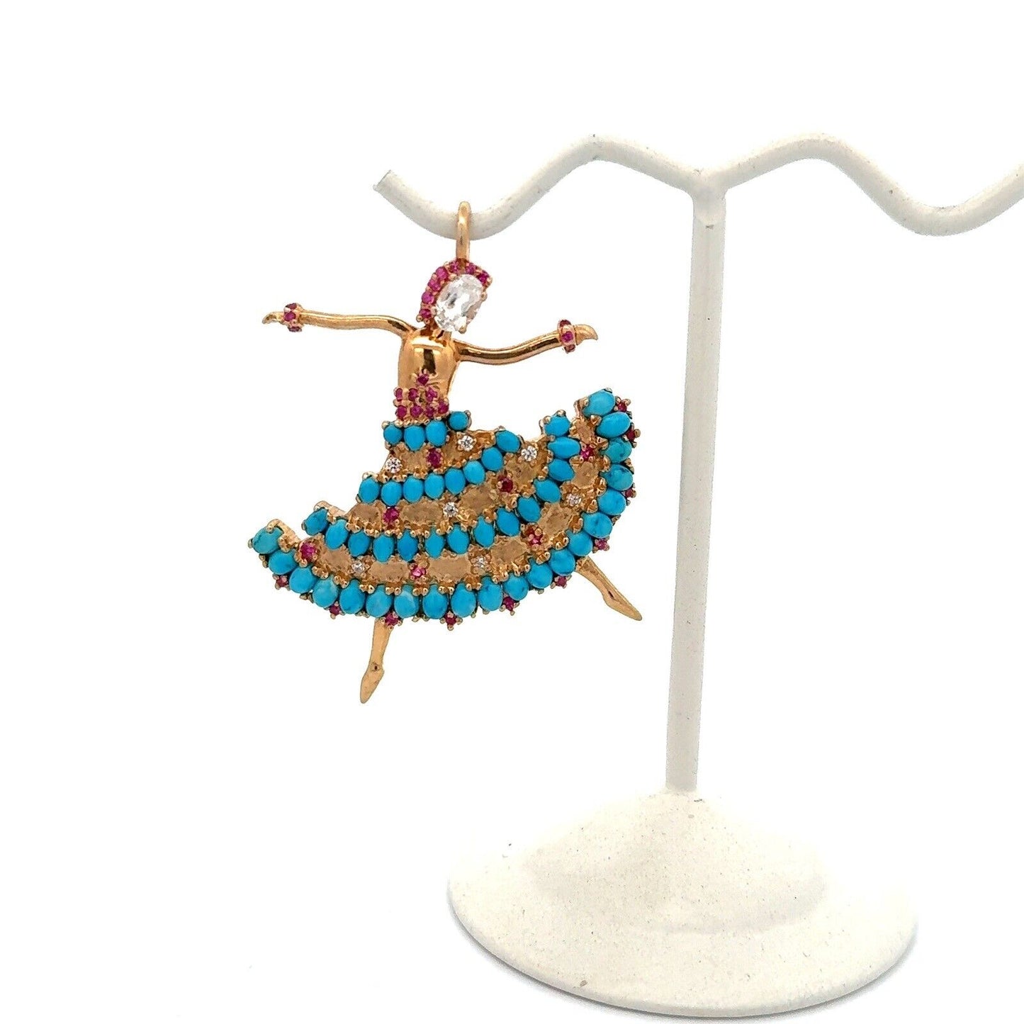 925 Sterling Silver Vermeil White Topaz Turquoise Ruby Flemenco Dancer Pendant