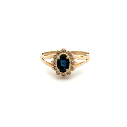 Vintage 14K Yellow Gold Oval Blue Sapphire Round Diamond Halo Anniversary  Ring