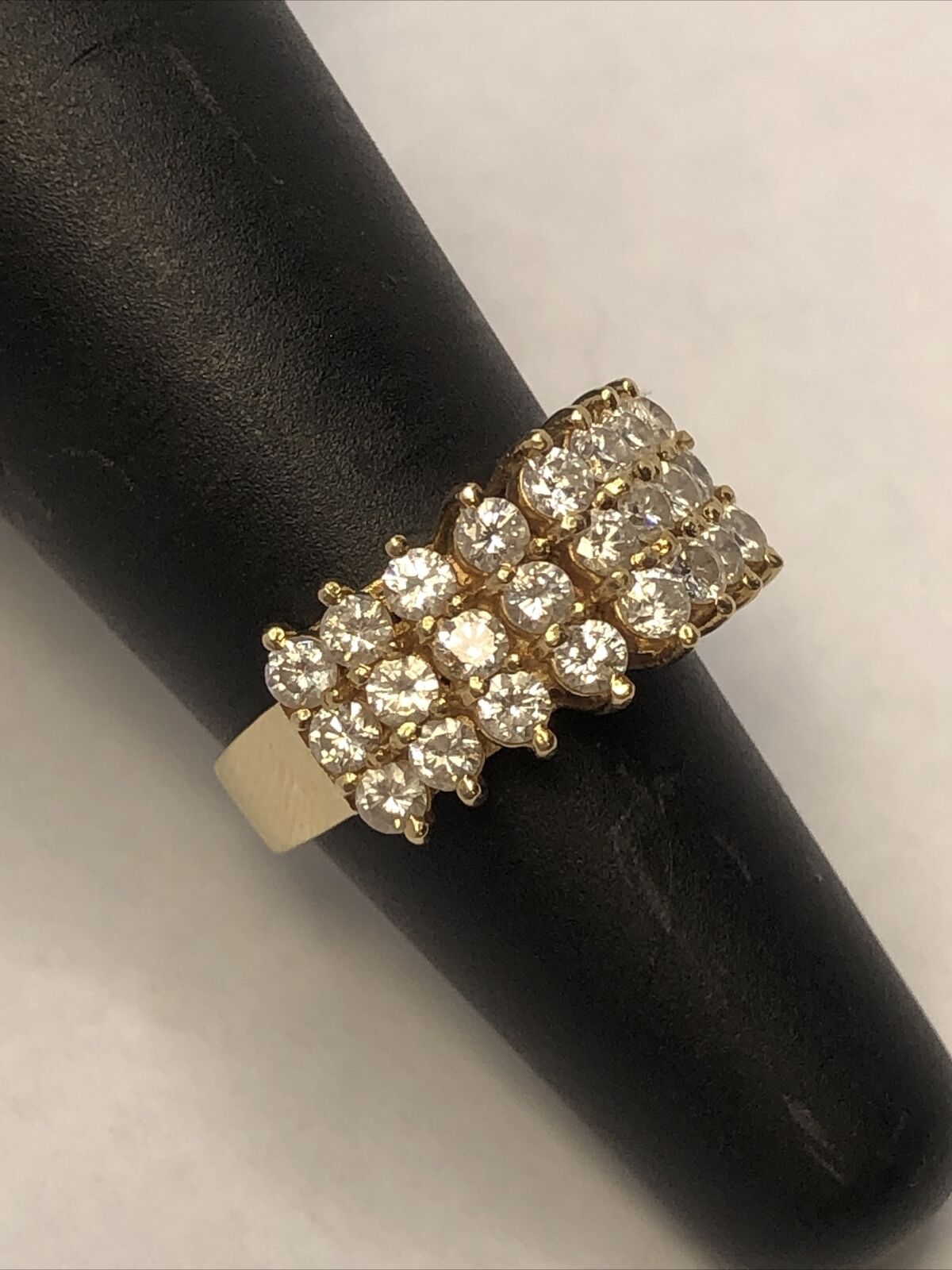 Unique 14K Yellow Gold Round Diamond 3 Rows Cluster Dome Statement Band Ring