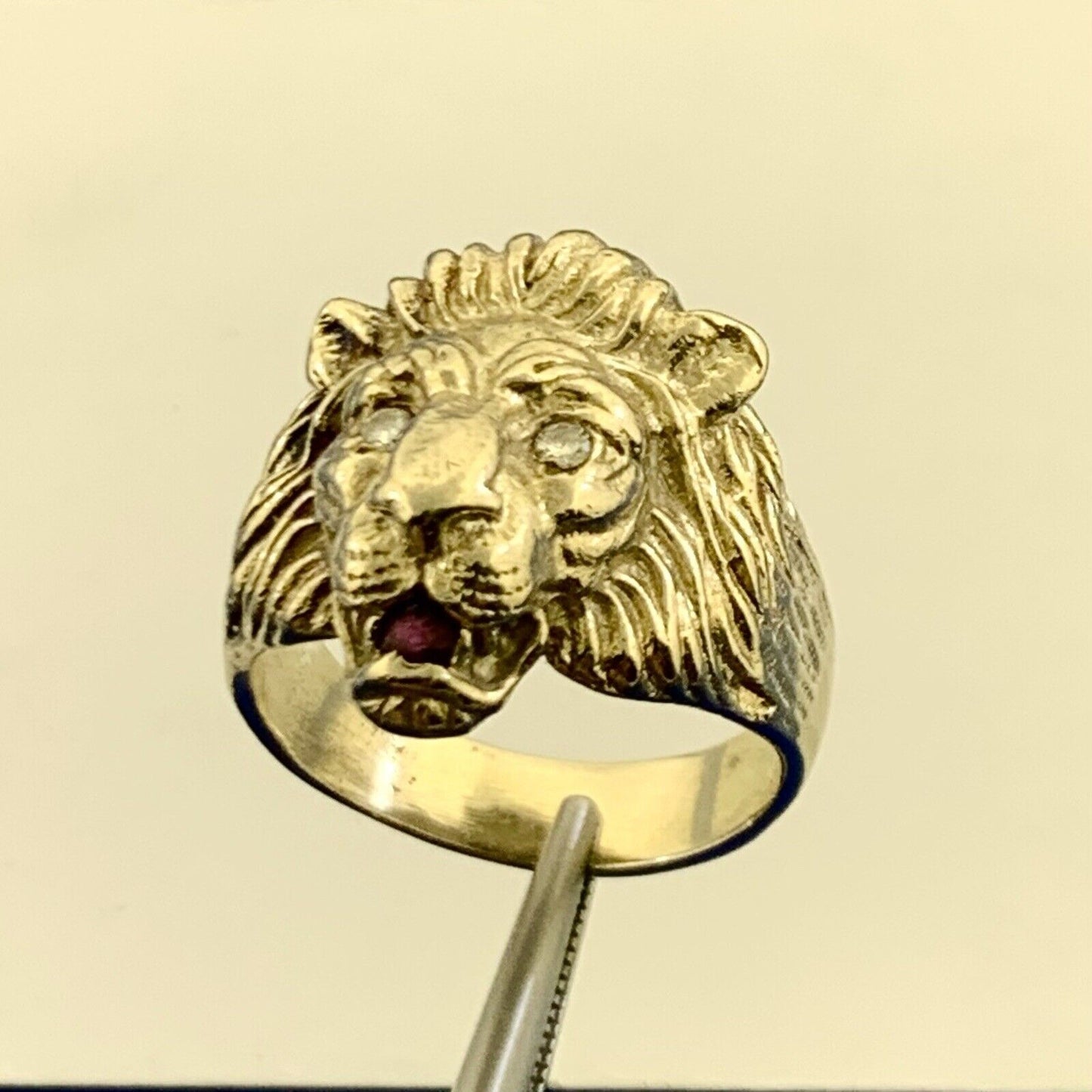 Custom 14K Yellow Gold Diamond Eyes Ruby Mouth Lions Head Statement Ring