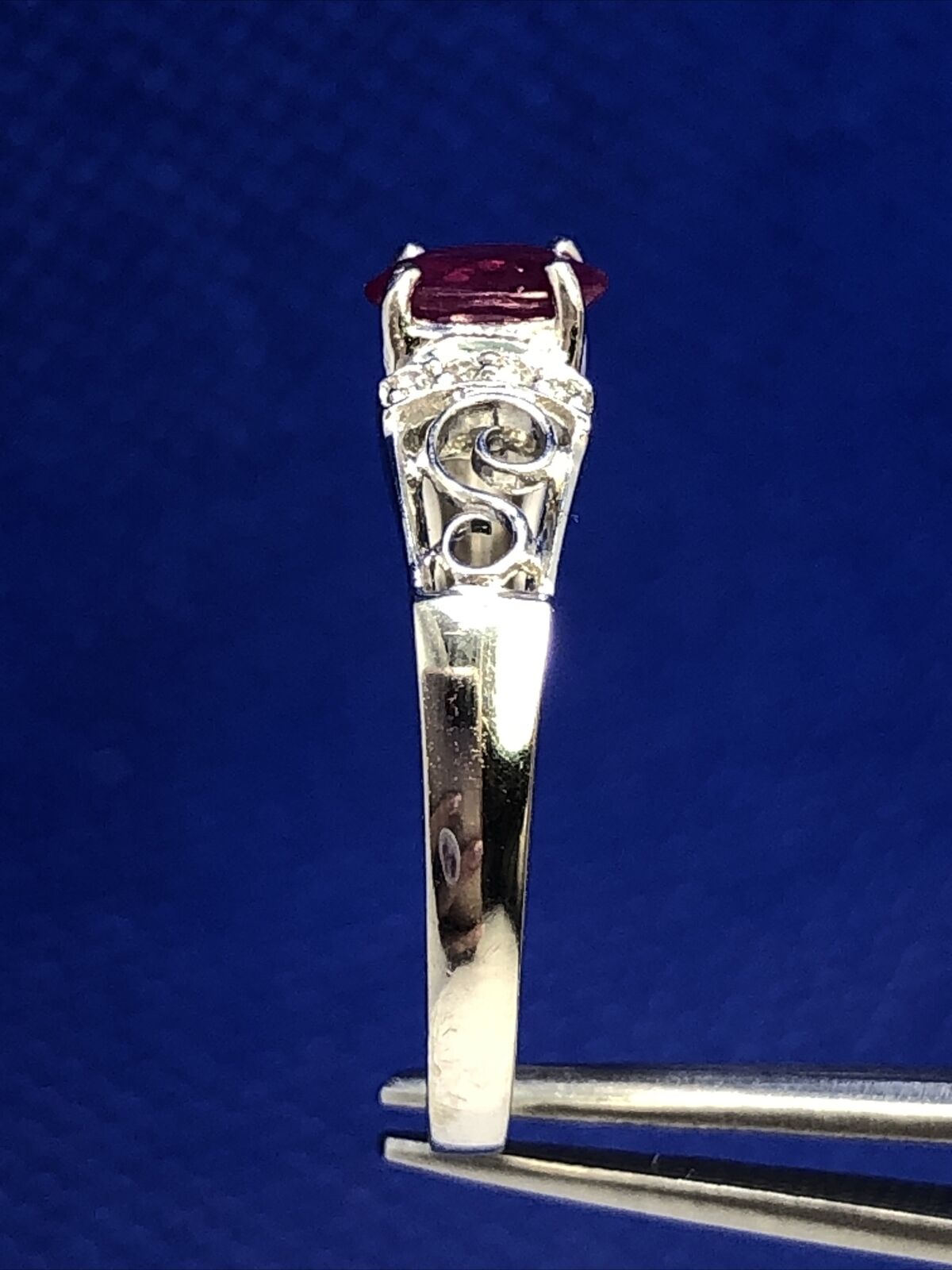 Designer F. Lau 14K White Gold Oval Ruby Diamond Accents Anniversary Ring