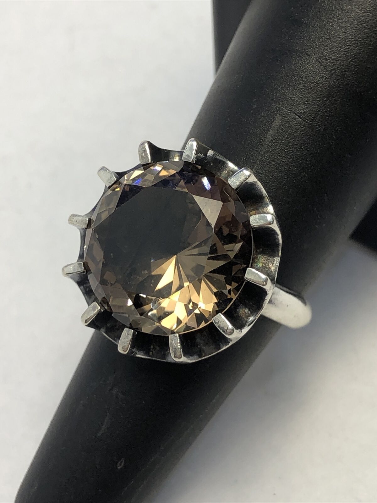 Vintage Mexico 925 Sterling Silver Round Smokey Quartz Cocktail Size 6.75 Ring