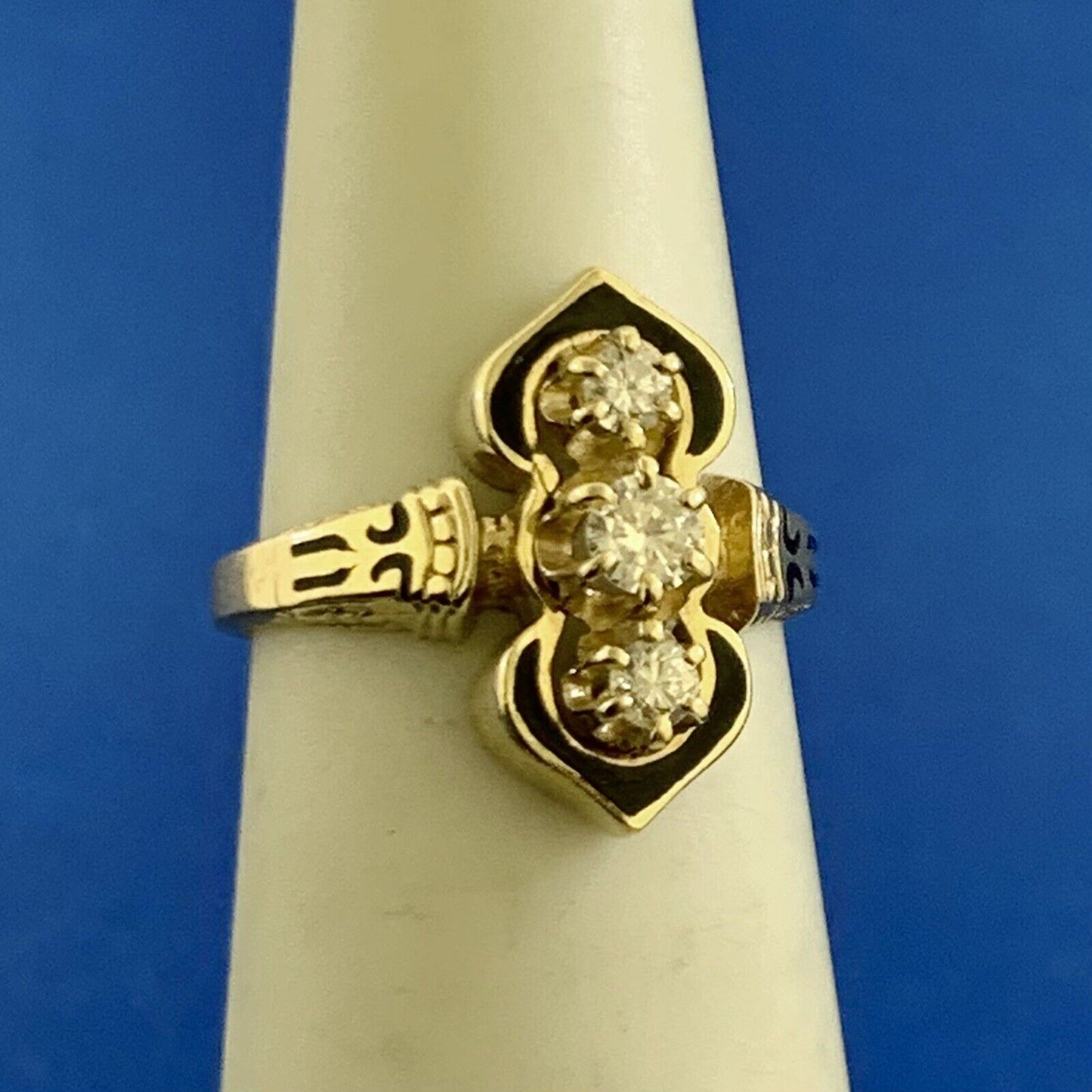 Designer Vintage Art Deco 14K Yellow Gold Diamond Black Enamel Cocktail Ring