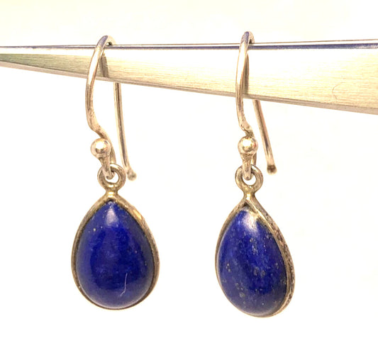 Vintage 925 Sterling Silver Pear Shape Lapis Lazuli Hook Dangle Earrings