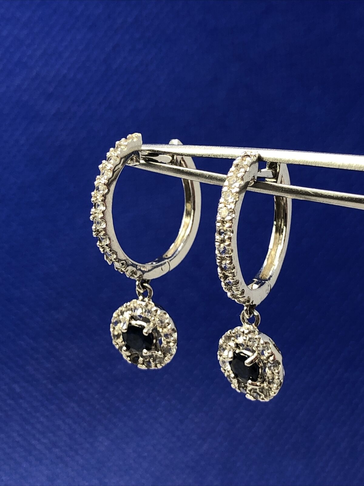 PJC 925 Sterling Silver Round Sapphire White Topaz Dangle Hinged Hoop Earrings