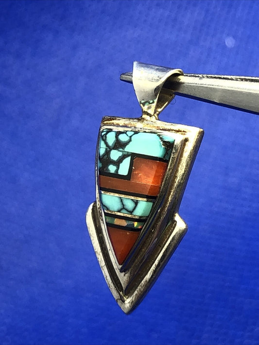 Native American Concho 925 Silver Turquoise Coral Opal Inlay Triangle Pendant