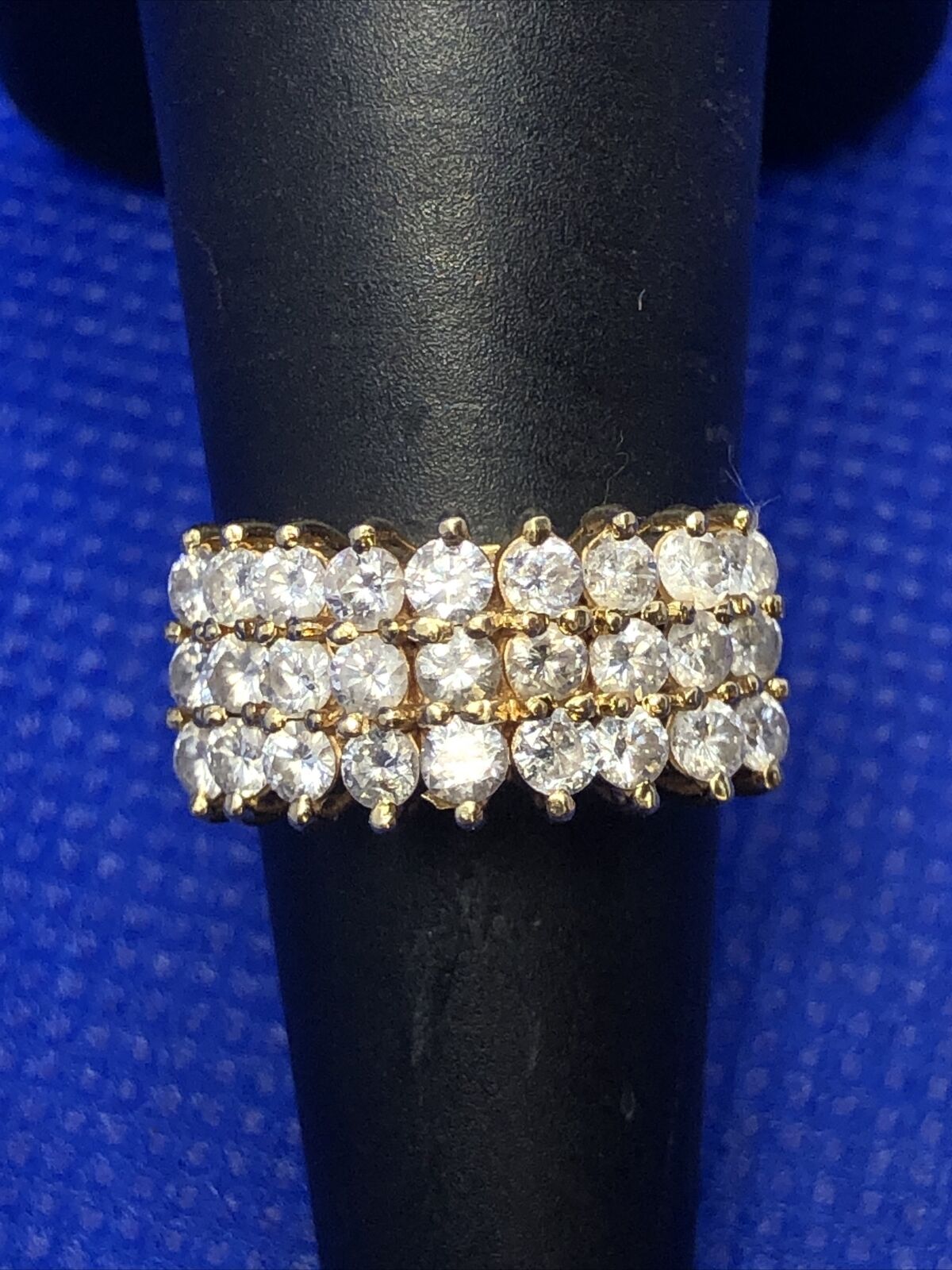 Unique 14K Yellow Gold Round Diamond 3 Rows Cluster Dome Statement Band Ring