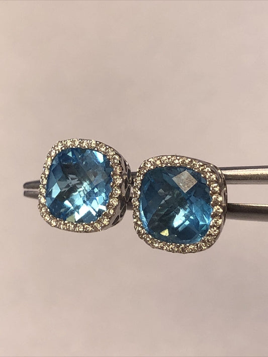 18K White Gold Square Cushion Cut Blue Topaz White Topaz Accents Stud Earrings