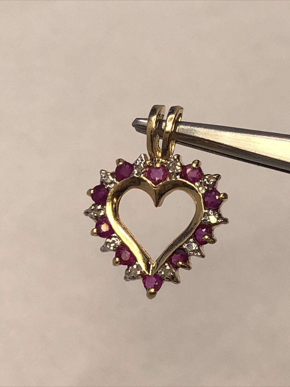 Designer CCC 10K Yellow Gold Round Ruby Diamond Cutout Love Heart Petite Pendant