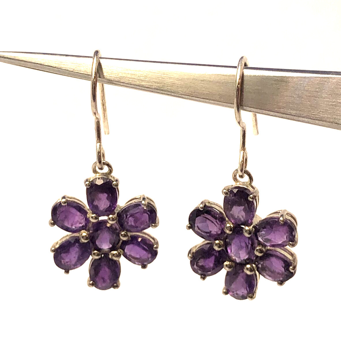 Designer TGGC 925 Sterling Silver Oval Amethyst Flower Dangle Hook Earrings