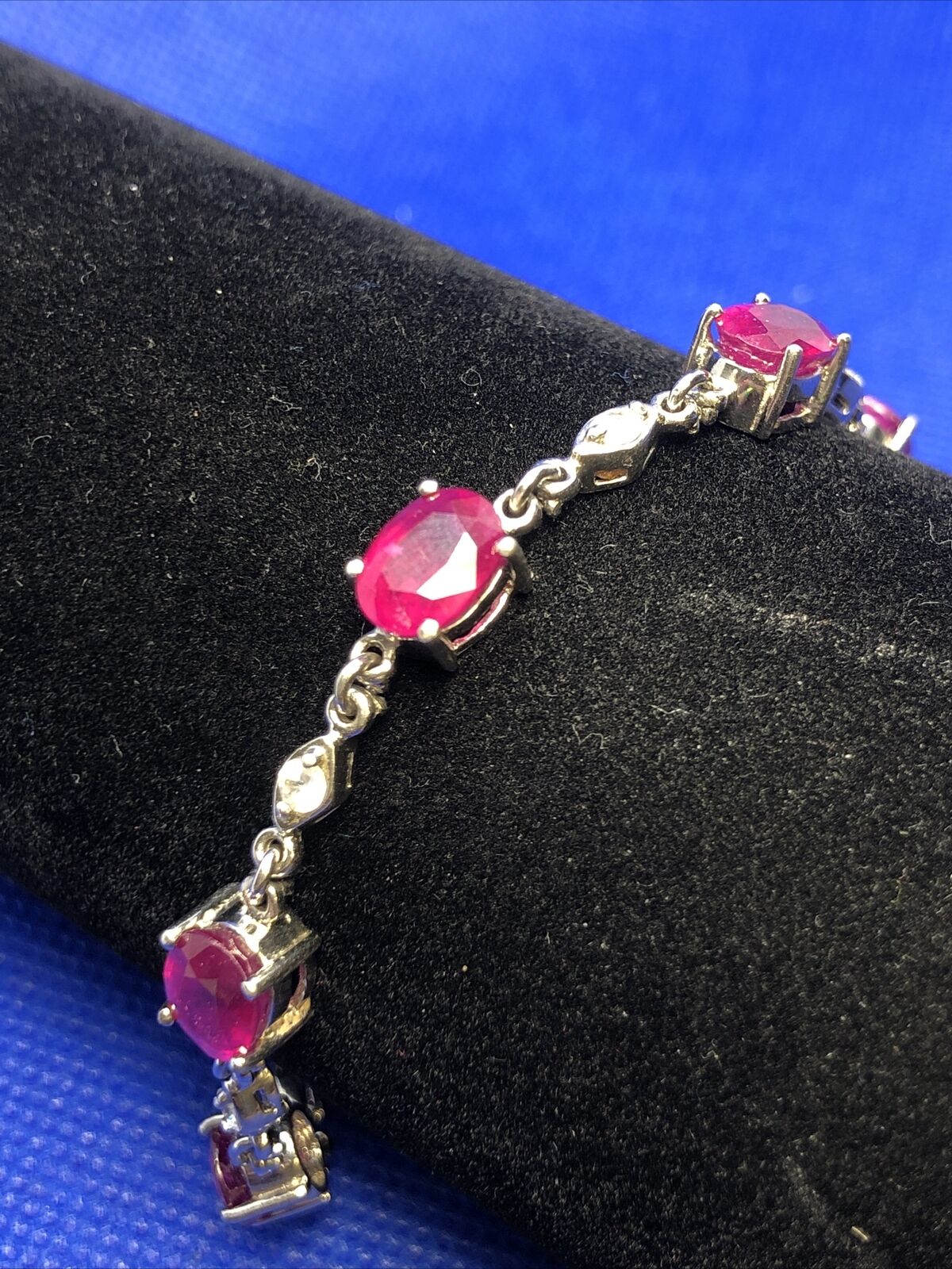 Designer TGGC 925 Sterling Silver Oval Ruby White Topaz Accents Tennis Bracelet