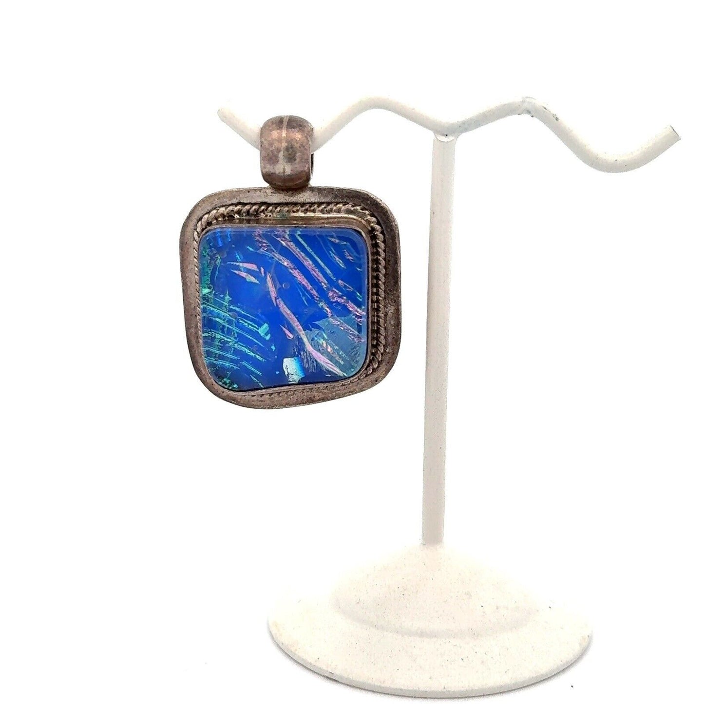 Vintage 925 Sterling Silver Square Blue Diacrylic Glass Statement Pendant