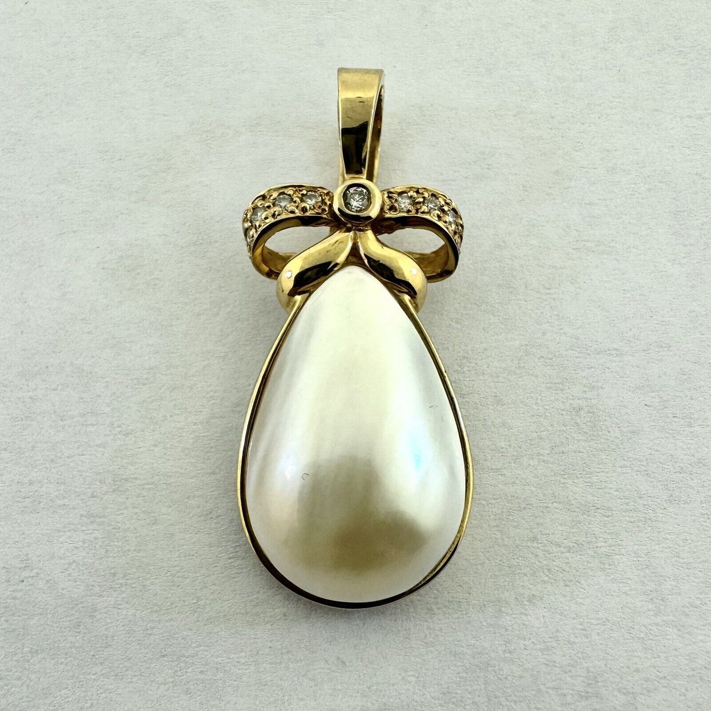 Designer 14K Yellow Gold Teardrop Pearl Diamond Accent Bow Enhancer Pendant