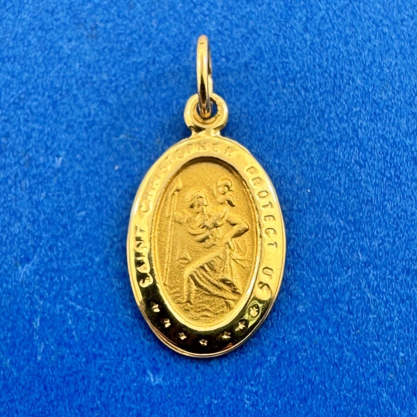 Designer 14K Yellow Gold Saint Christopher Protect Us Oval Petite Pendant