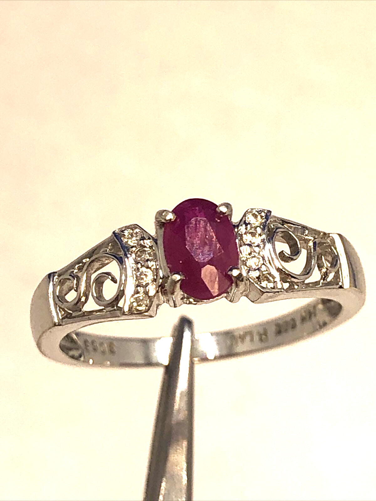 Designer F. Lau 14K White Gold Oval Ruby Diamond Accents Anniversary Ring